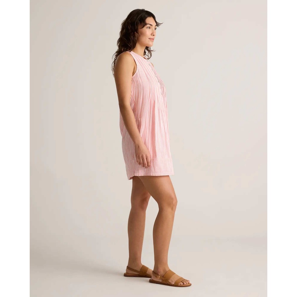 Quince Organic Cotton Swing Dress Coral White Stripe Pintuck Mini Sleeveless S